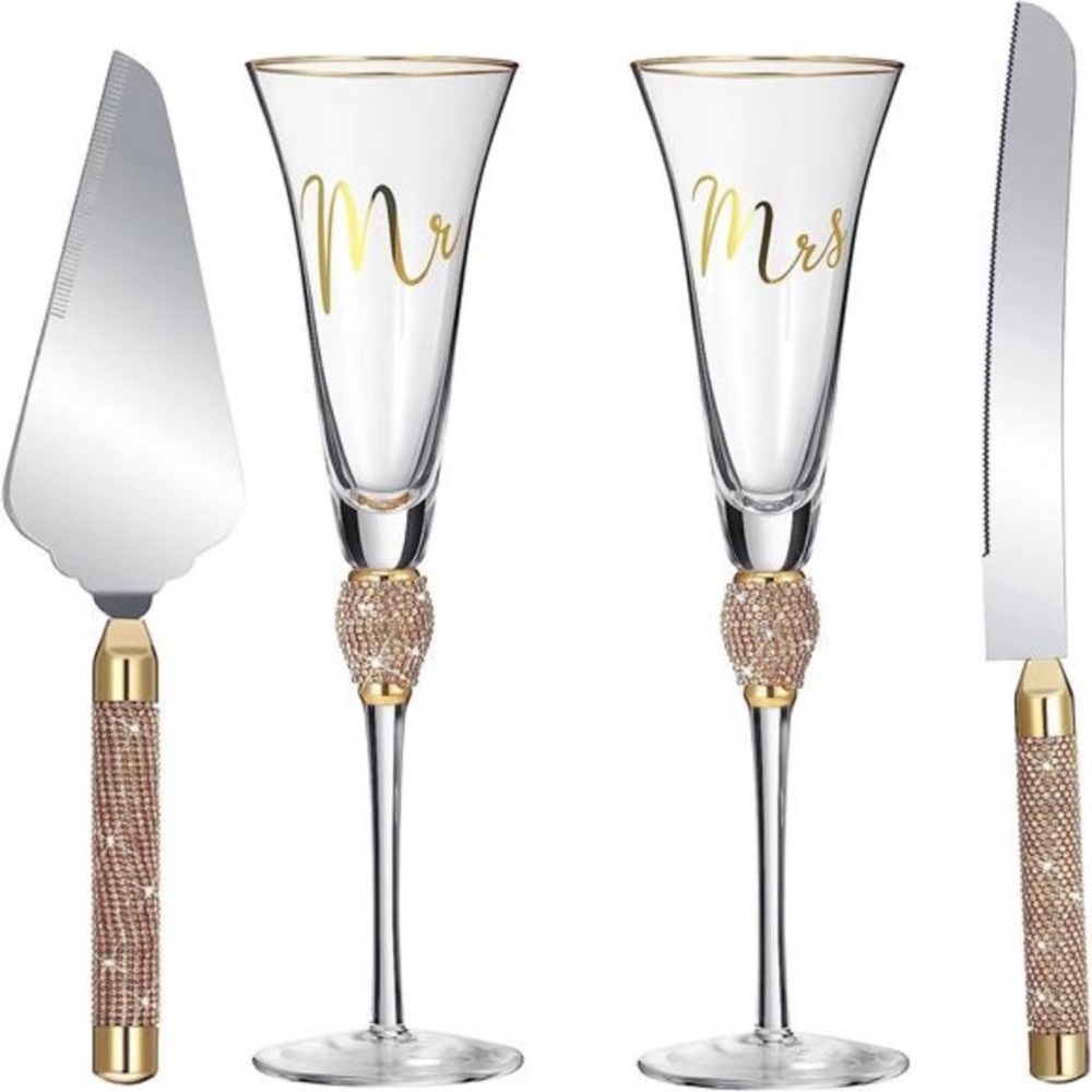 4 Piece Wedding Toasting Flutes and Cake Server Set Wedding Reception Supplies